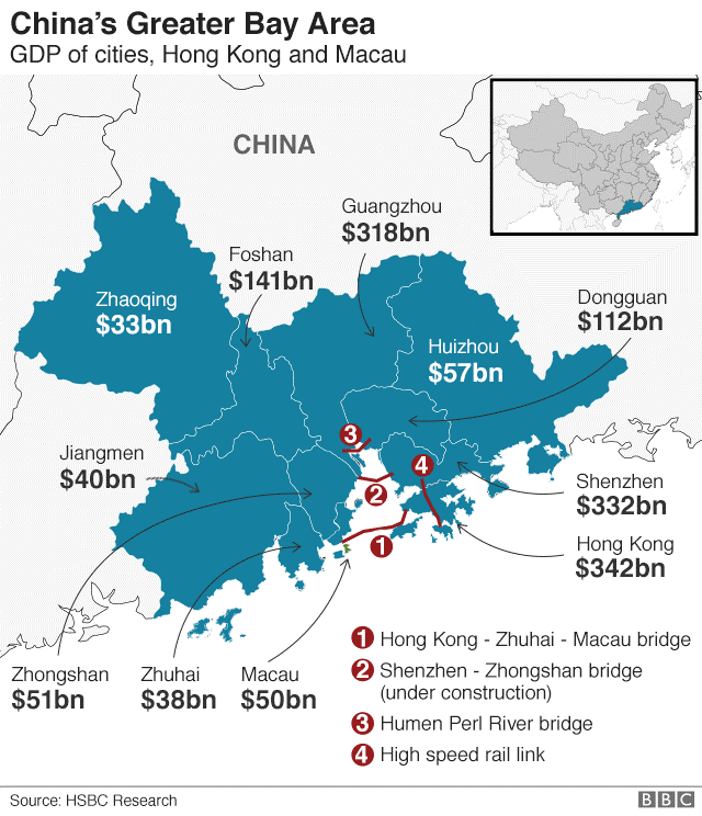 Guangdong-Hong Kong-Macao Greater Bay area. Map of Greater China. Макао на карте Китая.